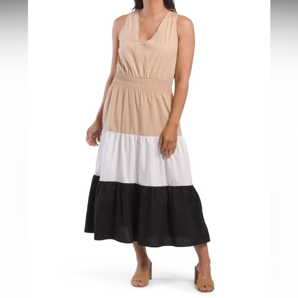 1. State Dresses & Skirts - 1. State Sleeveless Color BlockTiered Midi Dress XL Tan Black White